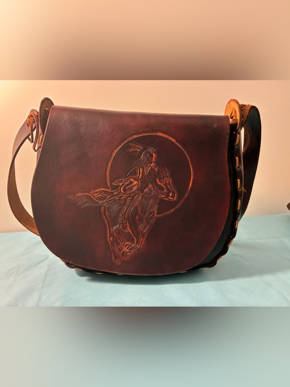 Handcrafted Handtooled Brown Leather Crossbody Saddle Bag